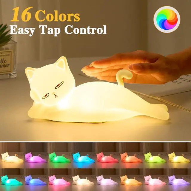 Alt view image 3 of 7 - Lying Flat Cat Lamp Funny Gifts, 16 Colors+5 Dimming+Silicone Random Stuff, Touch+Remote+Recharge Night Light, Unique Cool Lamp,Cute Weird Stuff, Squishy Cat White Elephant Gifts for Adults/Teens/Kids