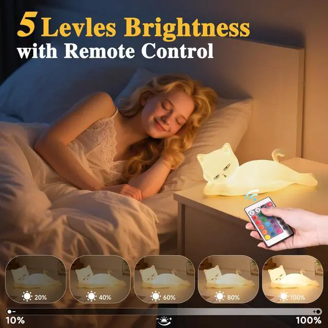 Alt view image 4 of 7 - Lying Flat Cat Lamp Funny Gifts, 16 Colors+5 Dimming+Silicone Random Stuff, Touch+Remote+Recharge Night Light, Unique Cool Lamp,Cute Weird Stuff, Squishy Cat White Elephant Gifts for Adults/Teens/Kids