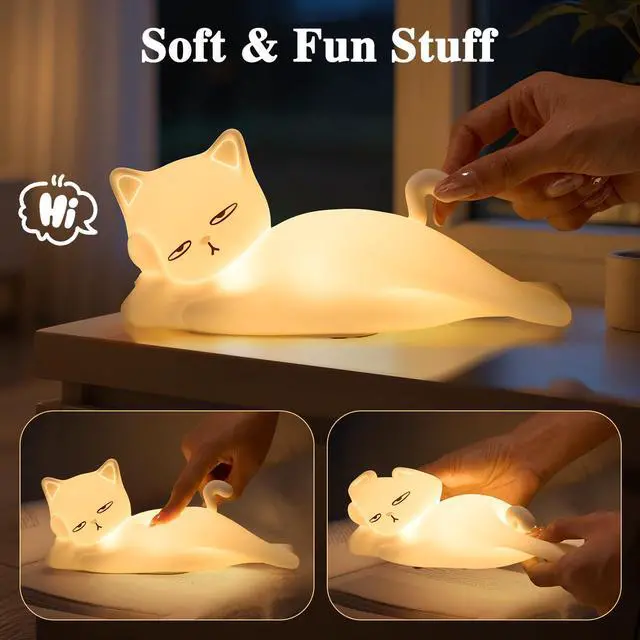 Alt view image 5 of 7 - Lying Flat Cat Lamp Funny Gifts, 16 Colors+5 Dimming+Silicone Random Stuff, Touch+Remote+Recharge Night Light, Unique Cool Lamp,Cute Weird Stuff, Squishy Cat White Elephant Gifts for Adults/Teens/Kids