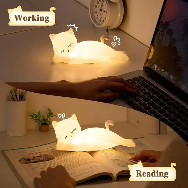 Alt view image 6 of 7 - Lying Flat Cat Lamp Funny Gifts, 16 Colors+5 Dimming+Silicone Random Stuff, Touch+Remote+Recharge Night Light, Unique Cool Lamp,Cute Weird Stuff, Squishy Cat White Elephant Gifts for Adults/Teens/Kids