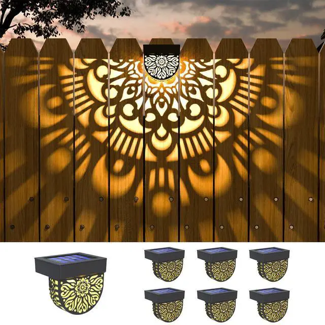Main image of 6 Pack Solar Fence Lights Outdoor Wall Lights Black Plastic Solar Powered Deck Step Stair Lights Mandala Theme Waterproof Fence Solar Light for Garden Post Patio Backyard Yard Decor