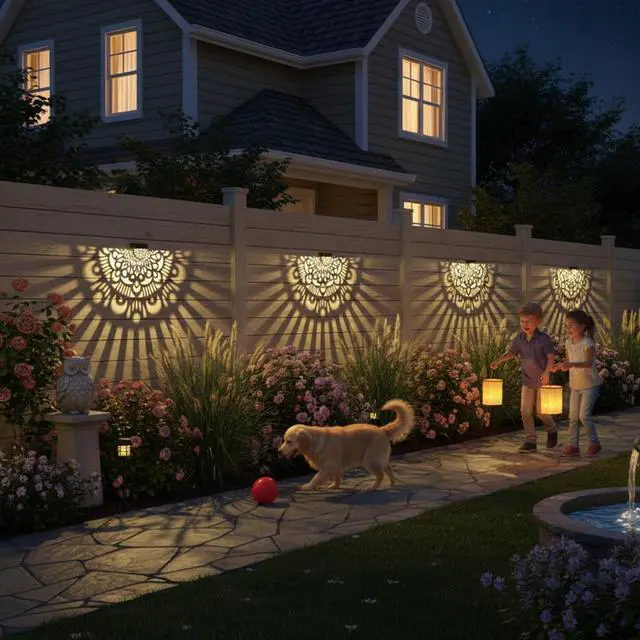 Alt view image 4 of 7 - 6 Pack Solar Fence Lights Outdoor Wall Lights Black Plastic Solar Powered Deck Step Stair Lights Mandala Theme Waterproof Fence Solar Light for Garden Post Patio Backyard Yard Decor