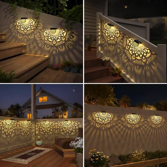 Alt view image 6 of 7 - 6 Pack Solar Fence Lights Outdoor Wall Lights Black Plastic Solar Powered Deck Step Stair Lights Mandala Theme Waterproof Fence Solar Light for Garden Post Patio Backyard Yard Decor