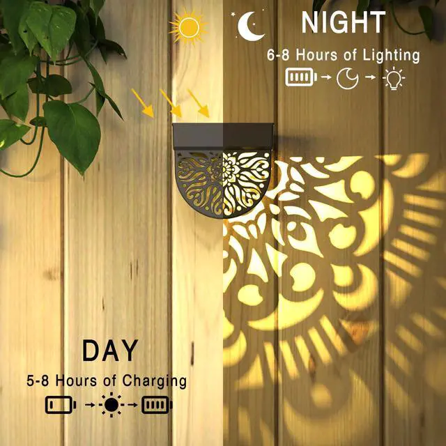 Alt view image 7 of 7 - 6 Pack Solar Fence Lights Outdoor Wall Lights Black Plastic Solar Powered Deck Step Stair Lights Mandala Theme Waterproof Fence Solar Light for Garden Post Patio Backyard Yard Decor