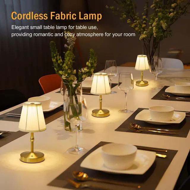 Alt view image 3 of 7 - 5w Led Cordless Mini Lamps,3000 mah Battery Operated Lamp,3 Color Temperature Dimmable Table Lamp,Gold Rechargeable Table Lamp Fabric,Aesthetic Small kitchen Lamp for Counter,Restaurant,Bar,H9.8"