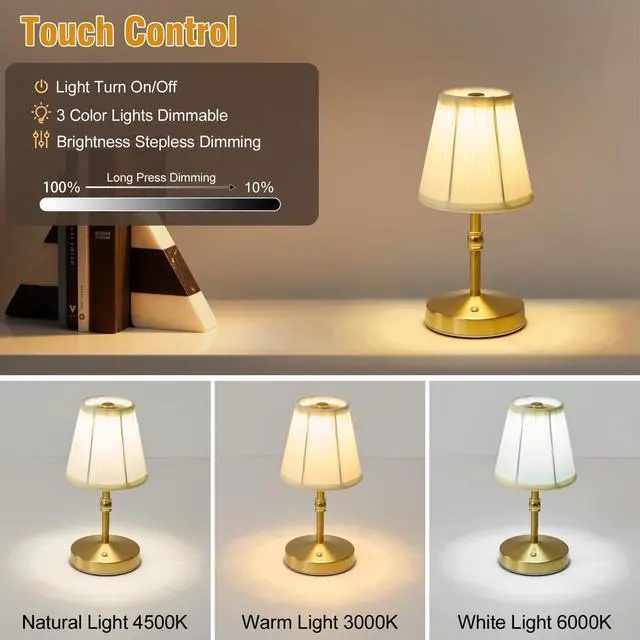 Alt view image 4 of 7 - 5w Led Cordless Mini Lamps,3000 mah Battery Operated Lamp,3 Color Temperature Dimmable Table Lamp,Gold Rechargeable Table Lamp Fabric,Aesthetic Small kitchen Lamp for Counter,Restaurant,Bar,H9.8"