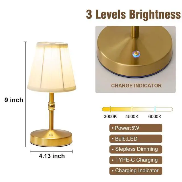 Alt view image 5 of 7 - 5w Led Cordless Mini Lamps,3000 mah Battery Operated Lamp,3 Color Temperature Dimmable Table Lamp,Gold Rechargeable Table Lamp Fabric,Aesthetic Small kitchen Lamp for Counter,Restaurant,Bar,H9.8"
