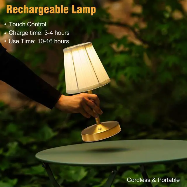Alt view image 6 of 7 - 5w Led Cordless Mini Lamps,3000 mah Battery Operated Lamp,3 Color Temperature Dimmable Table Lamp,Gold Rechargeable Table Lamp Fabric,Aesthetic Small kitchen Lamp for Counter,Restaurant,Bar,H9.8"
