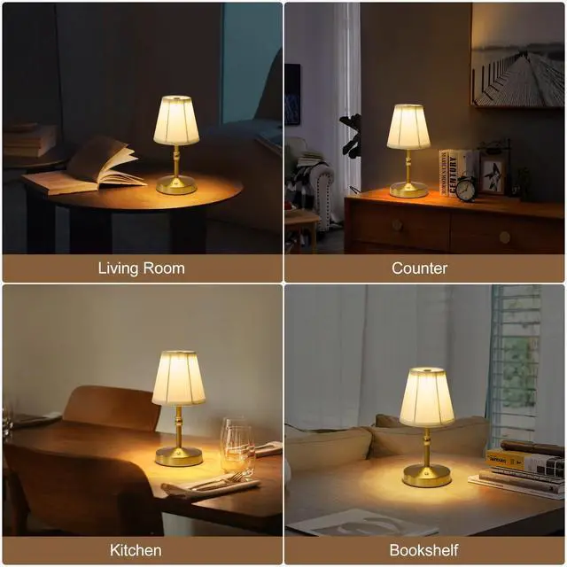 Alt view image 7 of 7 - 5w Led Cordless Mini Lamps,3000 mah Battery Operated Lamp,3 Color Temperature Dimmable Table Lamp,Gold Rechargeable Table Lamp Fabric,Aesthetic Small kitchen Lamp for Counter,Restaurant,Bar,H9.8"