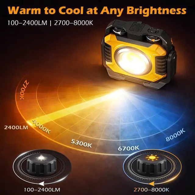Alt view image 3 of 7 - 2-Pack 2400LM Magnetic Rechargeable LED Work Light, Up to 80 Hours | Dual-Sided, Stepless Dimming 2700K-8000K, Magnetic Flashlight with 360° Rotating Stand & Hook, Car Repair, Emergency, Yellow