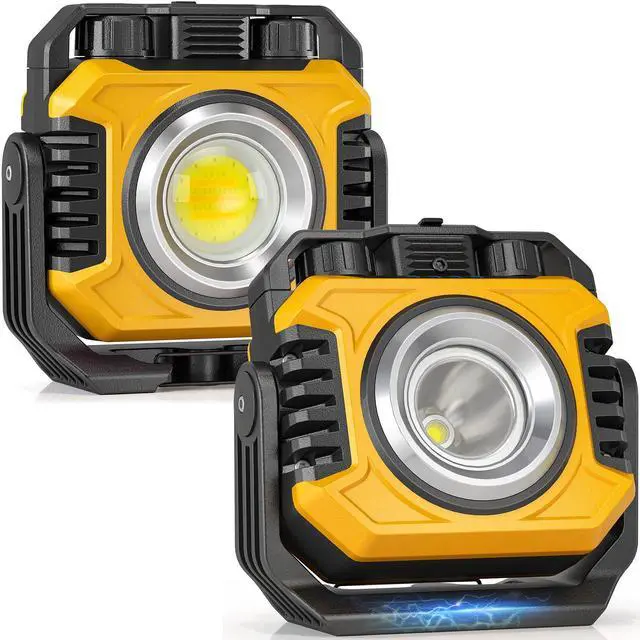 Main image of 2-Pack 2400LM Magnetic Rechargeable LED Work Light, Up to 80 Hours | Dual-Sided, Stepless Dimming 2700K-8000K, Magnetic Flashlight with 360° Rotating Stand & Hook, Car Repair, Emergency, Yellow