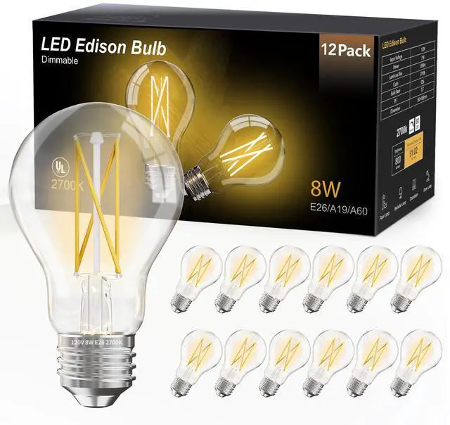 Main image of 12 Pack A19 Vintage LED Edison Bulbs, Dimmable, 60W Equivalent, High Brightness 2700K Soft White, 8W E26 Standard Base, 800 Lumens, CRI80+, Clear Glass Filament Bulb for Home
