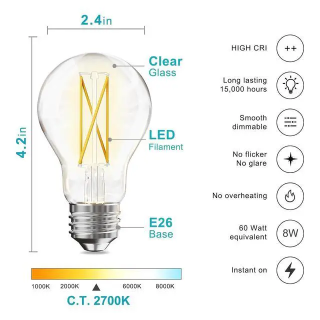 Alt view image 2 of 7 - 12 Pack A19 Vintage LED Edison Bulbs, Dimmable, 60W Equivalent, High Brightness 2700K Soft White, 8W E26 Standard Base, 800 Lumens, CRI80+, Clear Glass Filament Bulb for Home