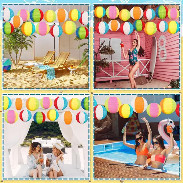 Alt view image 2 of 7 - 15PCS Pool Party Decorations Beach Ball Paper Lanterns - Summer Luau Hawaiian Themed Hanging Decor for Home Birthday Outdoor Indoor