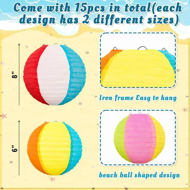 Alt view image 3 of 7 - 15PCS Pool Party Decorations Beach Ball Paper Lanterns - Summer Luau Hawaiian Themed Hanging Decor for Home Birthday Outdoor Indoor