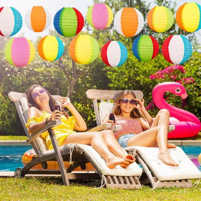 Alt view image 4 of 7 - 15PCS Pool Party Decorations Beach Ball Paper Lanterns - Summer Luau Hawaiian Themed Hanging Decor for Home Birthday Outdoor Indoor