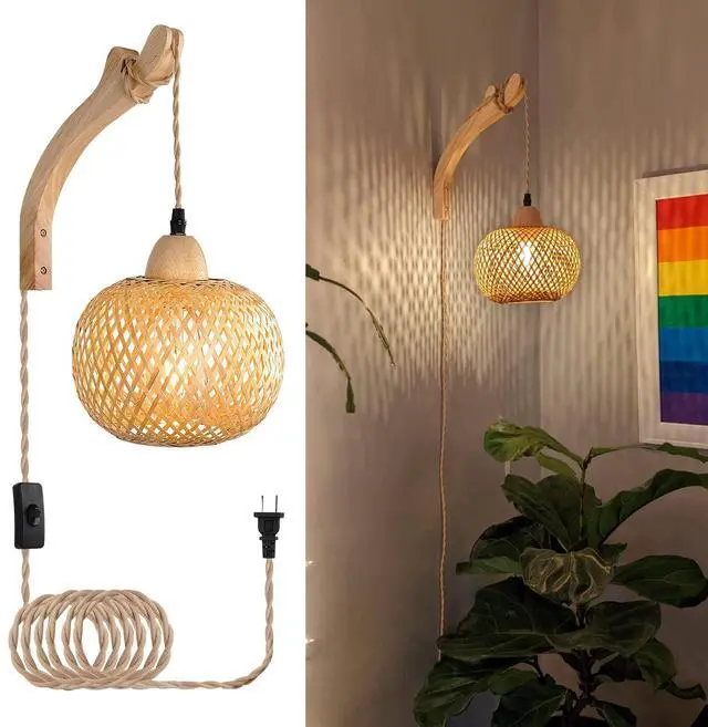 Main image of Frideko Bamboo Lantern Plug in Wall Sconces Wicker Wall Lamp with Plug in Cord Hand Woven Rattan Wall Light Farmhouse Rustic Wall Sconces Boho Sconces Wall Lighting for Living Room Bedroom