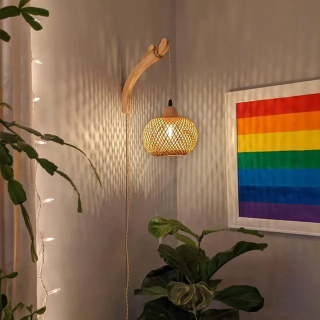 Alt view image 2 of 7 - Frideko Bamboo Lantern Plug in Wall Sconces Wicker Wall Lamp with Plug in Cord Hand Woven Rattan Wall Light Farmhouse Rustic Wall Sconces Boho Sconces Wall Lighting for Living Room Bedroom