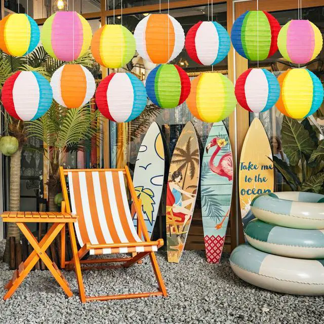 Alt view image 5 of 7 - 15PCS Pool Party Decorations Beach Ball Paper Lanterns - Summer Luau Hawaiian Themed Hanging Decor for Home Birthday Outdoor Indoor