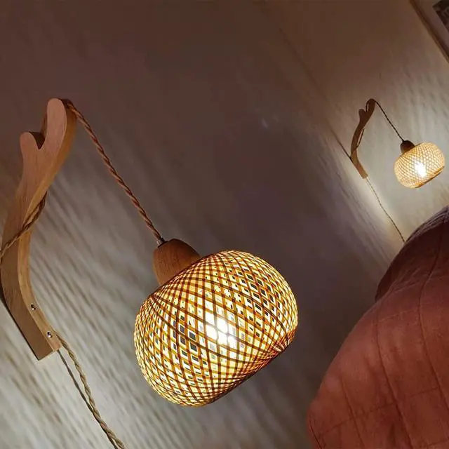 Alt view image 3 of 7 - Frideko Bamboo Lantern Plug in Wall Sconces Wicker Wall Lamp with Plug in Cord Hand Woven Rattan Wall Light Farmhouse Rustic Wall Sconces Boho Sconces Wall Lighting for Living Room Bedroom