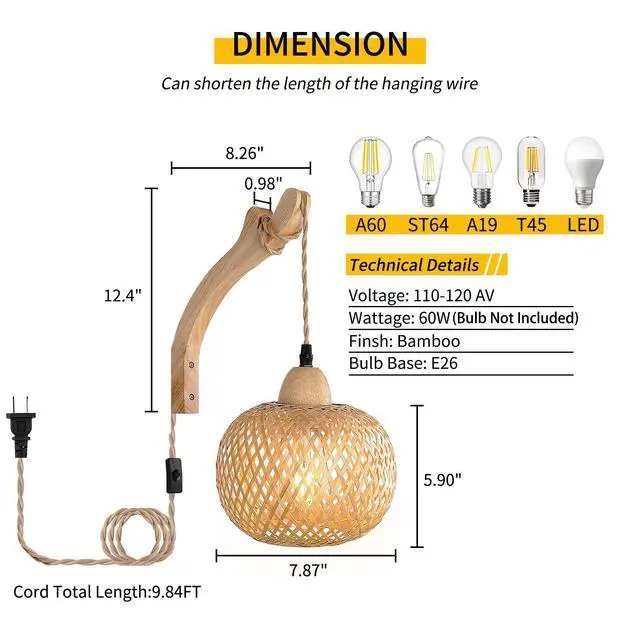 Alt view image 4 of 7 - Frideko Bamboo Lantern Plug in Wall Sconces Wicker Wall Lamp with Plug in Cord Hand Woven Rattan Wall Light Farmhouse Rustic Wall Sconces Boho Sconces Wall Lighting for Living Room Bedroom