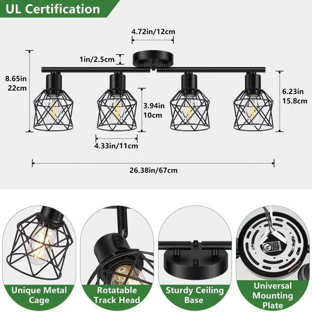 Alt view image 2 of 7 - 4-Lights Semi Flush Mount Ceiling Light, Adjustable Multi-Directional Light Fixtures, Rotatable Farmhouse Light Fixtures Mount with Metal Cage for Dining Room, Living Room