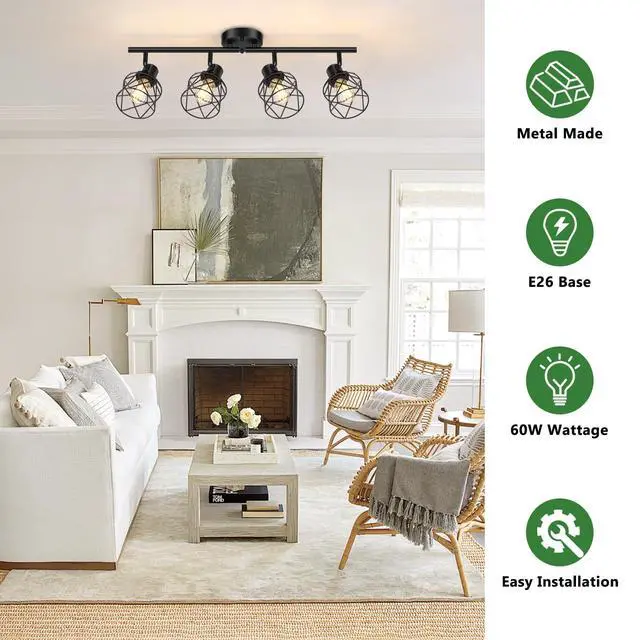 Alt view image 3 of 7 - 4-Lights Semi Flush Mount Ceiling Light, Adjustable Multi-Directional Light Fixtures, Rotatable Farmhouse Light Fixtures Mount with Metal Cage for Dining Room, Living Room