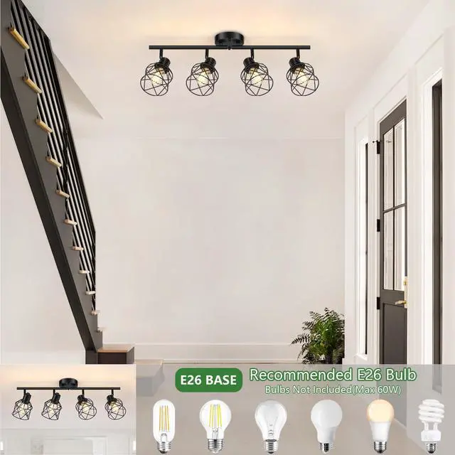 Alt view image 4 of 7 - 4-Lights Semi Flush Mount Ceiling Light, Adjustable Multi-Directional Light Fixtures, Rotatable Farmhouse Light Fixtures Mount with Metal Cage for Dining Room, Living Room
