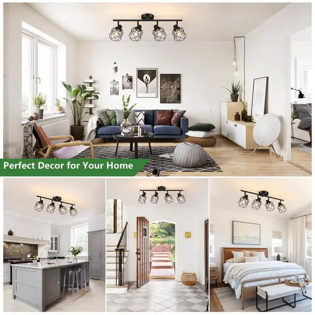 Alt view image 6 of 7 - 4-Lights Semi Flush Mount Ceiling Light, Adjustable Multi-Directional Light Fixtures, Rotatable Farmhouse Light Fixtures Mount with Metal Cage for Dining Room, Living Room