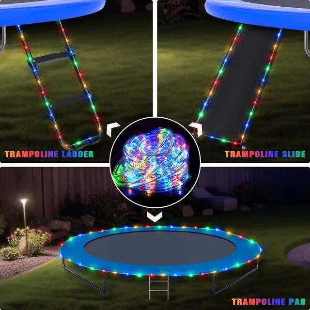 Alt view image 3 of 7 - Trampoline Accessories 66ft 200 LED Trampoline Lights with 8 Modes | IP 65 Waterproof Solar Rope Lights Outdoor, Solar Patio Lights for Fence Garden Yard Backyard Tree Slide (Multicolor)