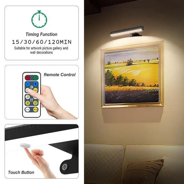 Alt view image 4 of 6 - Wireless Picture Light with Remote,Battery Operated Wall Sconces | 4Pcs Painting Light for Wall Decor,Timer&Dimmable LED Art Display Light Picture Frame Light for Artwork Posters Gallery-Black