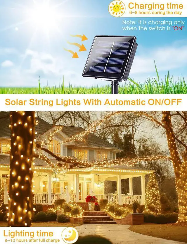 Alt view image 4 of 7 - Solar String Lights Outdoor, 2 Pack 80 FT 200 LED Fairy Lights | Warm White, 8 Modes, Memory, Auto On/Off, IP65 Waterproof Copper Wire Twinkle Light for Garden Tree Patio Fence Wedding Decor