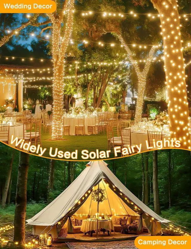 Alt view image 2 of 7 - Solar String Lights Outdoor, 2 Pack 80 FT 200 LED Fairy Lights | Warm White, 8 Modes, Memory, Auto On/Off, IP65 Waterproof Copper Wire Twinkle Light for Garden Tree Patio Fence Wedding Decor
