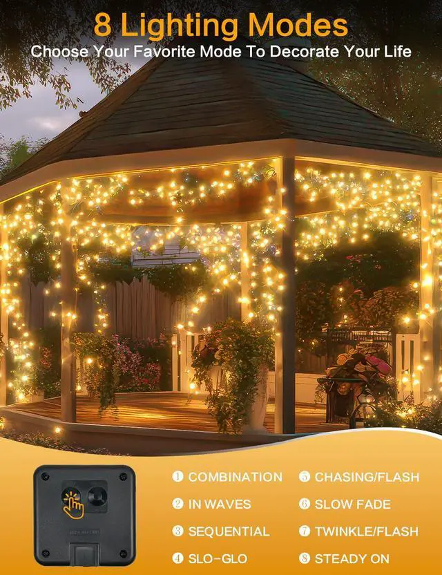Alt view image 5 of 7 - Solar String Lights Outdoor, 2 Pack 80 FT 200 LED Fairy Lights | Warm White, 8 Modes, Memory, Auto On/Off, IP65 Waterproof Copper Wire Twinkle Light for Garden Tree Patio Fence Wedding Decor