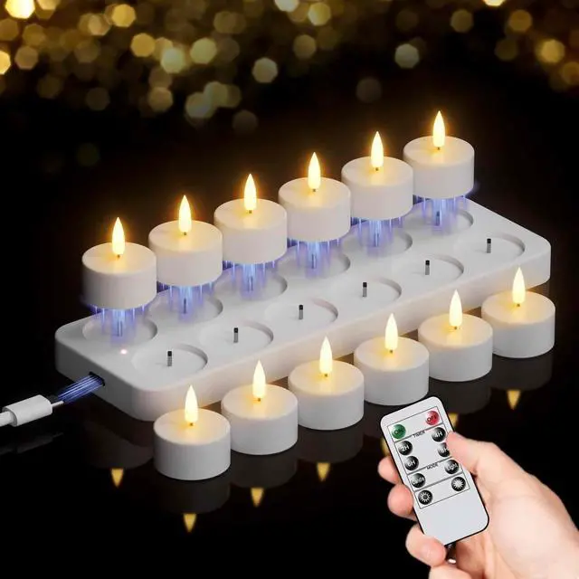 Main image of Rechargeable Tea Lights Candles Remote Timer Charging Base White | Flameless LED Tealight Candles Battery Operated, Christmas Wedding Decor, Electric tea lights,12 Pack, 1.57 x 1.85 in
