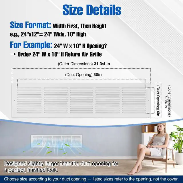 Alt view image 4 of 7 - 30x6 Duct Opening | Steel Return Air Grille | Vent Cover Grill for Sidewall and Ceiling | HVAC Cold Air Intake Grille | White | Outer Dimensions: 31.75"W X 7.75"