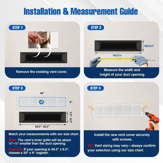 Alt view image 5 of 7 - 30x6 Duct Opening | Steel Return Air Grille | Vent Cover Grill for Sidewall and Ceiling | HVAC Cold Air Intake Grille | White | Outer Dimensions: 31.75"W X 7.75"