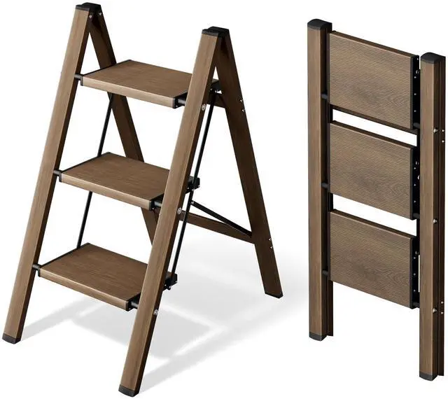 Main image of 3 Step Stool Foldable Ladder,Aluminum Step Ladder | Folding Lightweight Stable Stool with Wide Non-Slip Pedals, 330lbs Bearing Capacity Ladder for Office,Home,Kitchen-Walnut