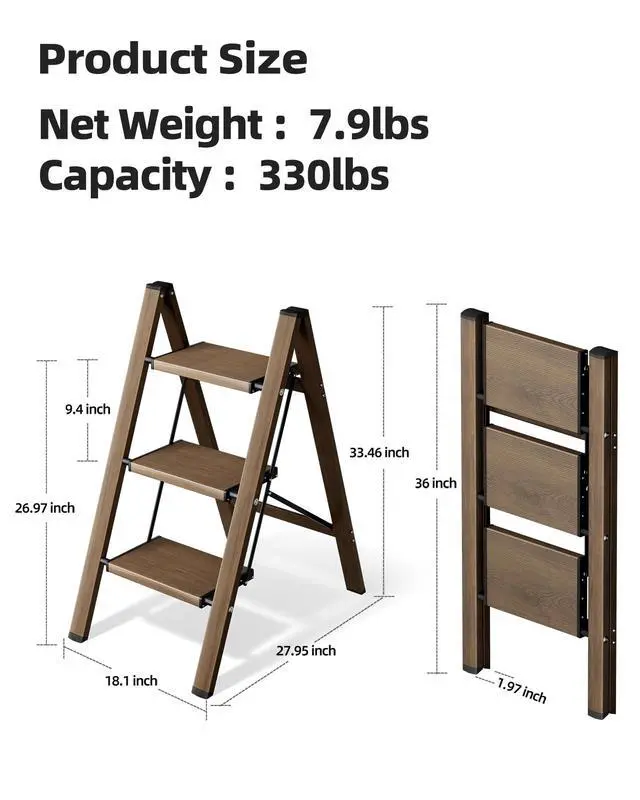 Alt view image 2 of 7 - 3 Step Stool Foldable Ladder,Aluminum Step Ladder | Folding Lightweight Stable Stool with Wide Non-Slip Pedals, 330lbs Bearing Capacity Ladder for Office,Home,Kitchen-Walnut