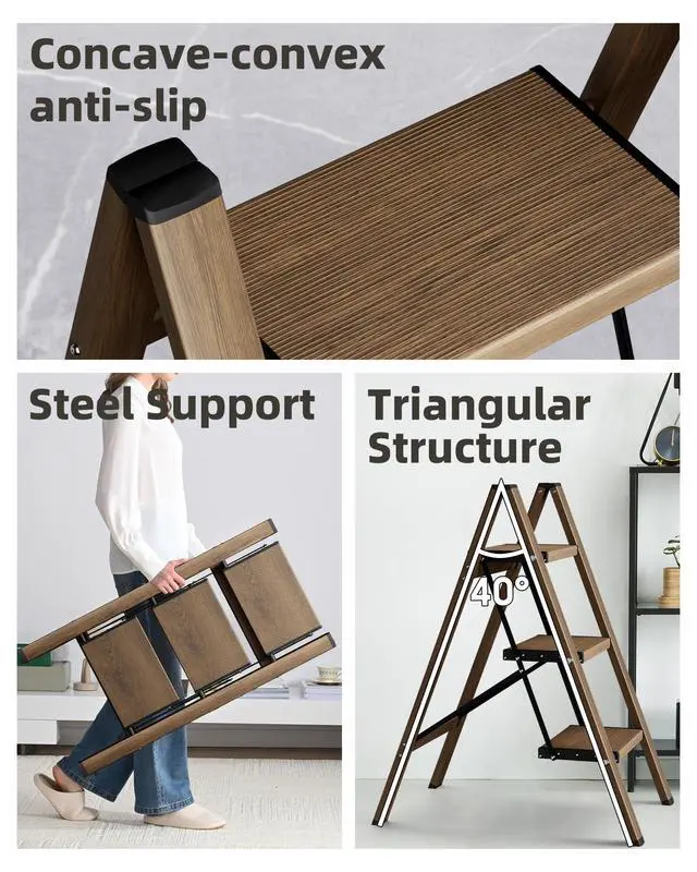 Alt view image 3 of 7 - 3 Step Stool Foldable Ladder,Aluminum Step Ladder | Folding Lightweight Stable Stool with Wide Non-Slip Pedals, 330lbs Bearing Capacity Ladder for Office,Home,Kitchen-Walnut