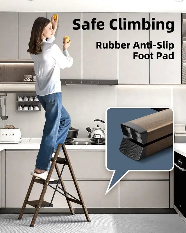 Alt view image 5 of 7 - 3 Step Stool Foldable Ladder,Aluminum Step Ladder | Folding Lightweight Stable Stool with Wide Non-Slip Pedals, 330lbs Bearing Capacity Ladder for Office,Home,Kitchen-Walnut