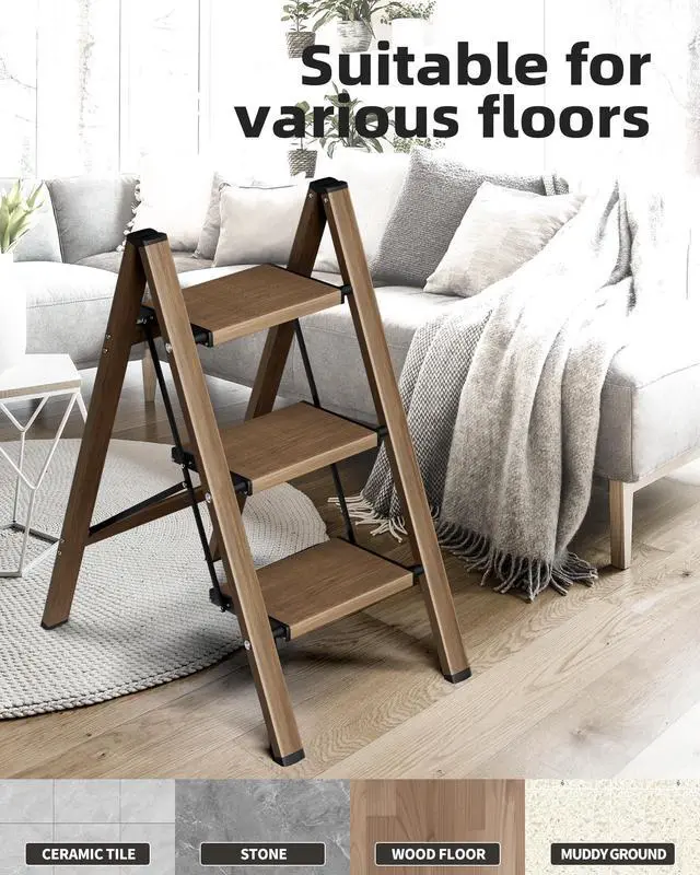 Alt view image 6 of 7 - 3 Step Stool Foldable Ladder,Aluminum Step Ladder | Folding Lightweight Stable Stool with Wide Non-Slip Pedals, 330lbs Bearing Capacity Ladder for Office,Home,Kitchen-Walnut
