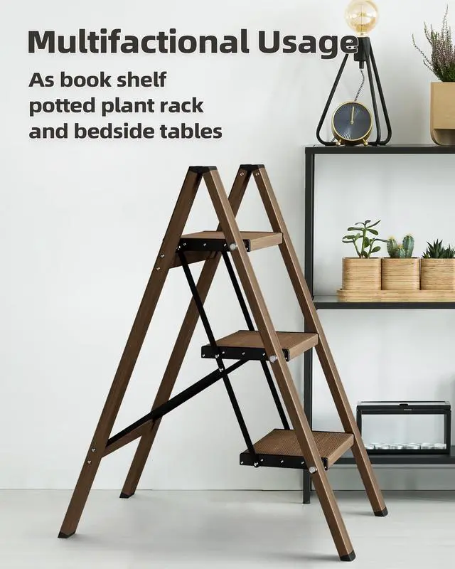 Alt view image 7 of 7 - 3 Step Stool Foldable Ladder,Aluminum Step Ladder | Folding Lightweight Stable Stool with Wide Non-Slip Pedals, 330lbs Bearing Capacity Ladder for Office,Home,Kitchen-Walnut