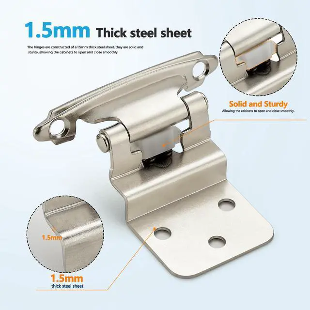 Alt view image 4 of 7 - Satin Nickel Cabinet Hinges Self Closing, 3/8 Inch, 50 Pack (25 Pairs) | Semi-Concealed Design, Face Mount Hardware, Kitchen Cabinet Doors, Cupboards, Cabinet Hardware, Door Mounting, Kitchen Use