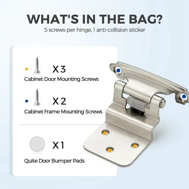Alt view image 3 of 7 - Satin Nickel Cabinet Hinges Self Closing, 3/8 Inch, 50 Pack (25 Pairs) | Semi-Concealed Design, Face Mount Hardware, Kitchen Cabinet Doors, Cupboards, Cabinet Hardware, Door Mounting, Kitchen Use