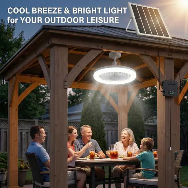 Alt view image 2 of 7 - Solar Ceiling Fan with Light Indoor Outdoor, Daytime Available Solar Shed Fan Light with Pull String, 3-in-1 Modes, IP65 Waterproof for Gazebo, Shed, Barn, Patio, Chicken Coop