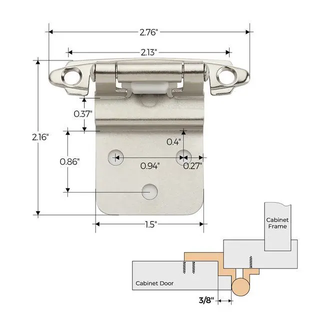 Alt view image 5 of 7 - Satin Nickel Cabinet Hinges Self Closing, 3/8 Inch, 50 Pack (25 Pairs) | Semi-Concealed Design, Face Mount Hardware, Kitchen Cabinet Doors, Cupboards, Cabinet Hardware, Door Mounting, Kitchen Use
