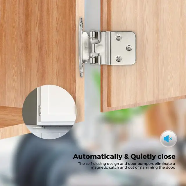 Alt view image 6 of 7 - Satin Nickel Cabinet Hinges Self Closing, 3/8 Inch, 50 Pack (25 Pairs) | Semi-Concealed Design, Face Mount Hardware, Kitchen Cabinet Doors, Cupboards, Cabinet Hardware, Door Mounting, Kitchen Use