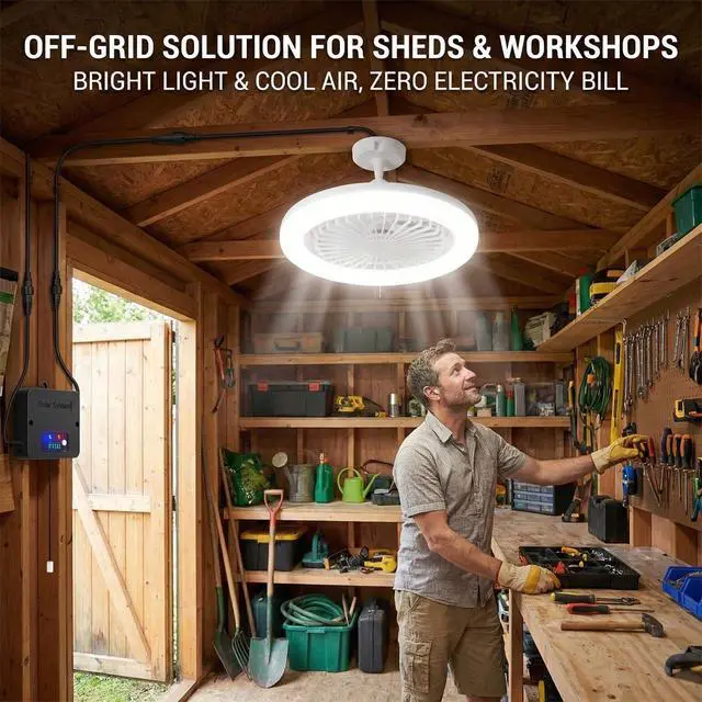 Alt view image 3 of 7 - Solar Ceiling Fan with Light Indoor Outdoor, Daytime Available Solar Shed Fan Light with Pull String, 3-in-1 Modes, IP65 Waterproof for Gazebo, Shed, Barn, Patio, Chicken Coop
