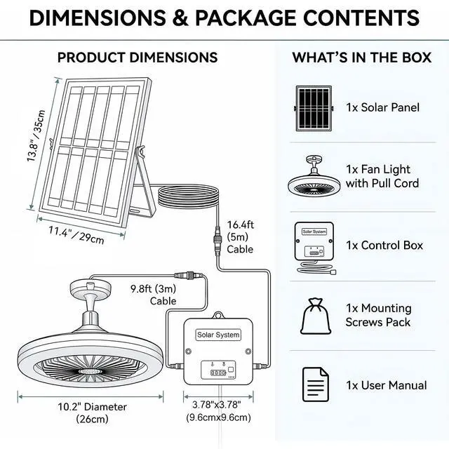 Alt view image 7 of 7 - Solar Ceiling Fan with Light Indoor Outdoor, Daytime Available Solar Shed Fan Light with Pull String, 3-in-1 Modes, IP65 Waterproof for Gazebo, Shed, Barn, Patio, Chicken Coop